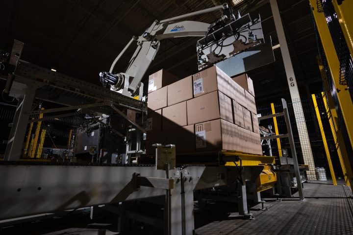 Ai1800 Palletizing Robot stacking boxes shot from below