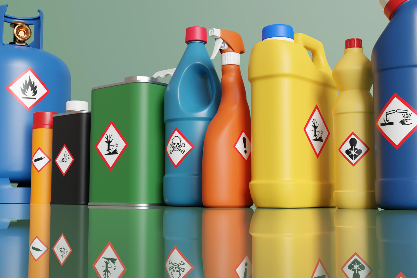 Plastic bottles and metallic tins having with different hazardous warning labels. Illustration of the concept of alert of chemical classification